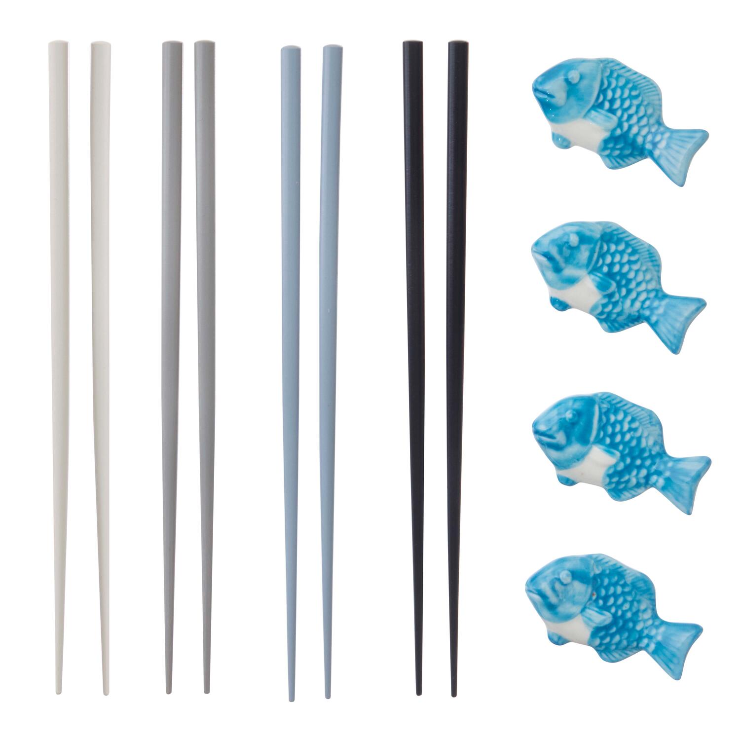 Bambus spisepinde m. holder, blå - 4 dele